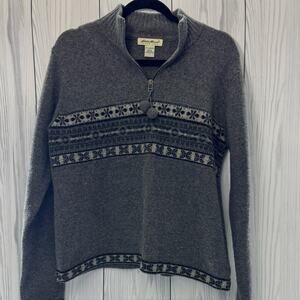 Eddie Bauer Womens Large Gray Fair Isle Lambswool 1/4 Zip Wool Pullover Sweater